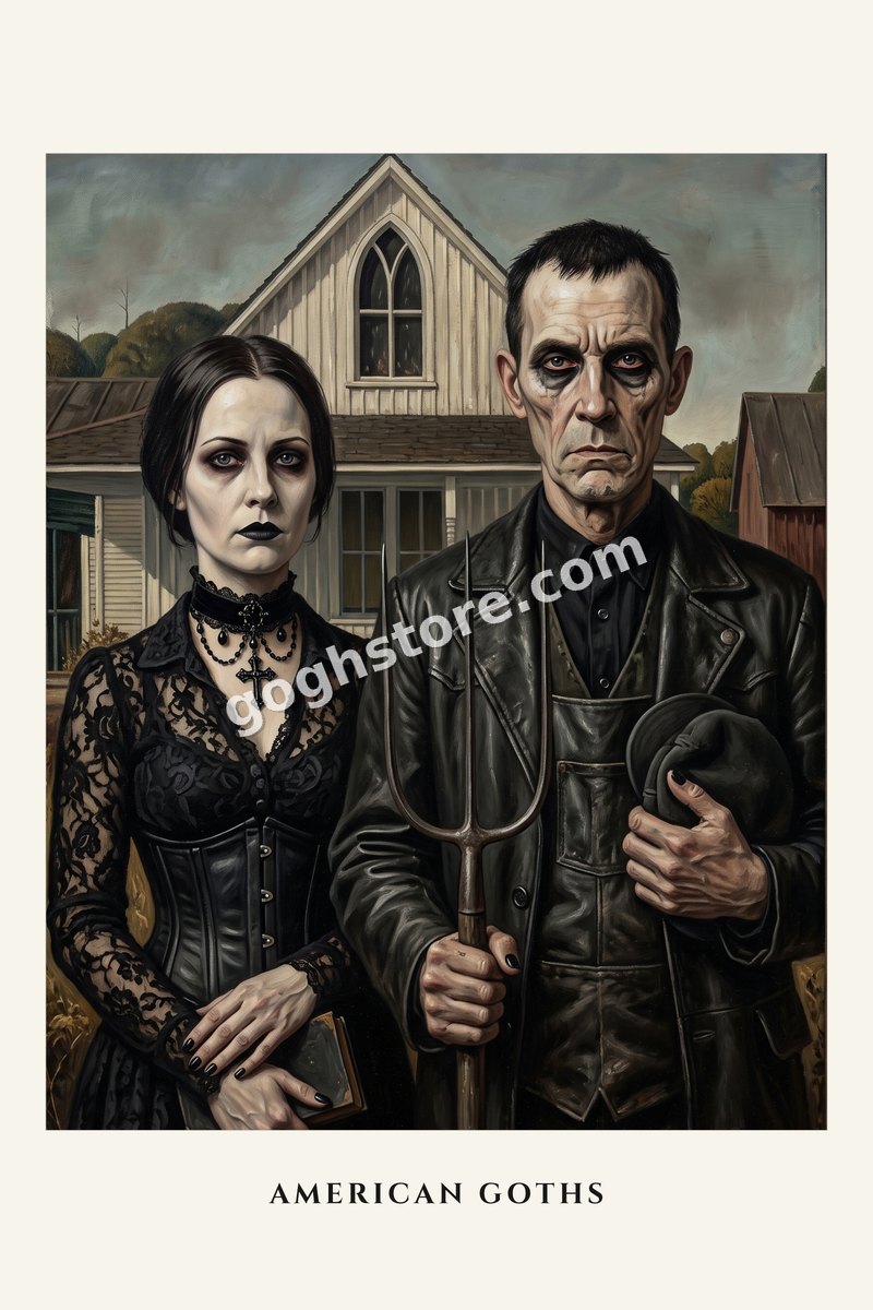 American Goths — The farm couple, now with eyeliner. The pitchfork stays.