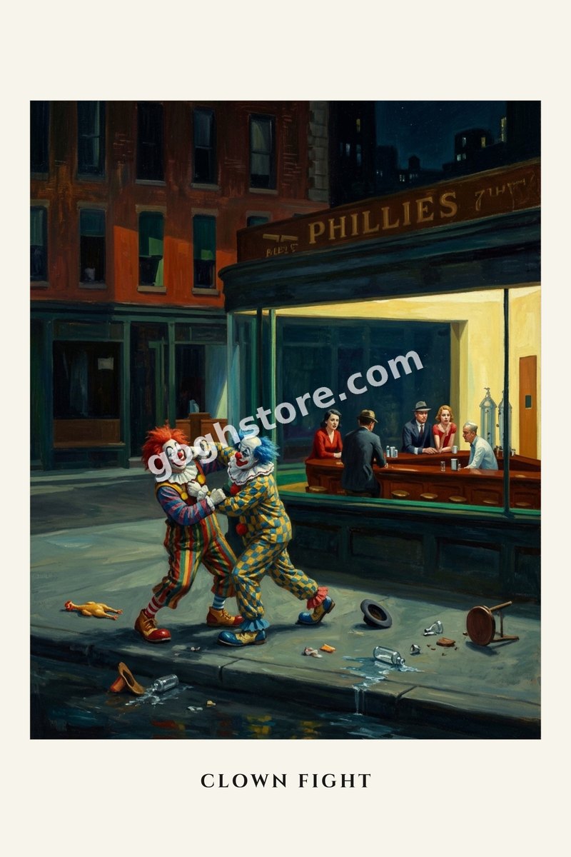 Clown Fight — Two clowns settle a dispute in an all-night diner. The other patrons have elected not to get involved.