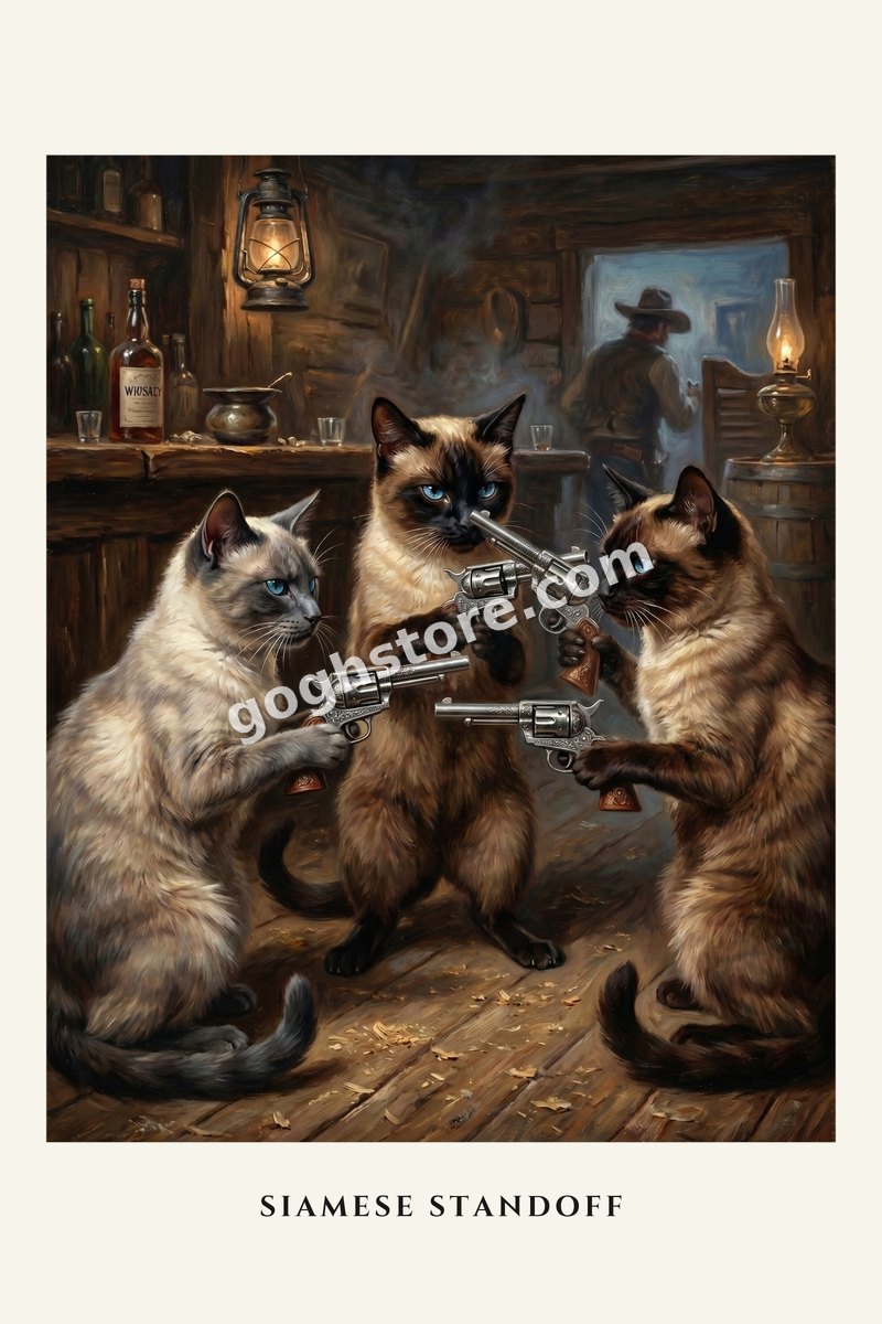 Siamese Standoff — Three cats, three revolvers, zero intention of blinking.