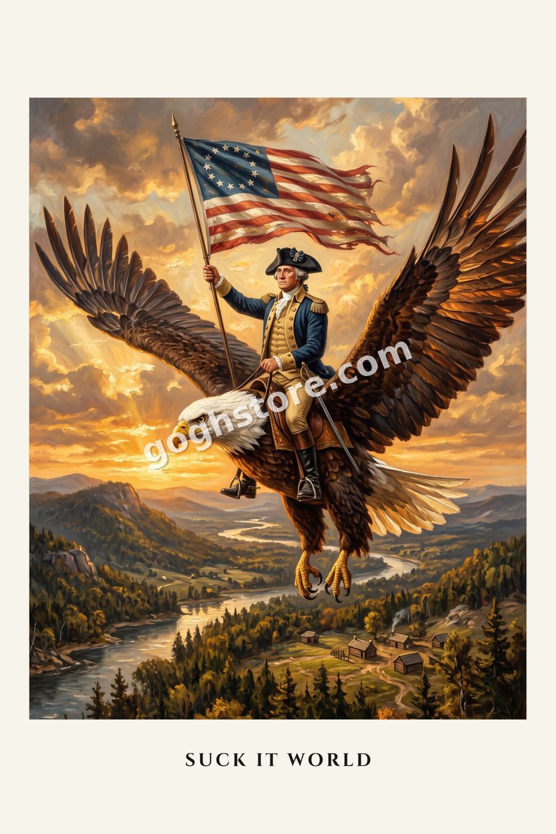 Suck It, World — Riding a bald eagle into the sunset, holding a flag. There is no second step to this plan.